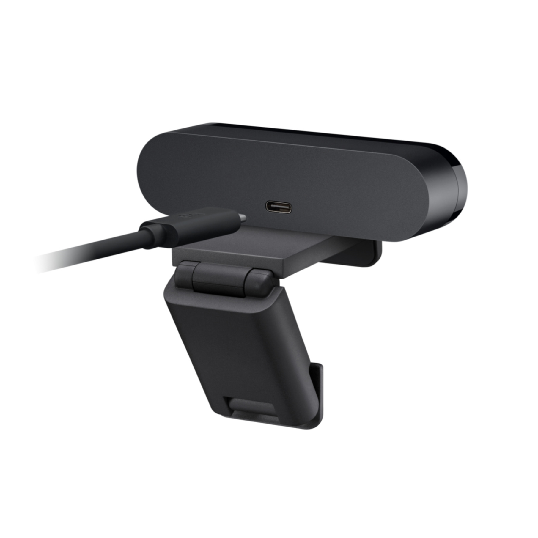 Eine schwarze Webcam mit angeschlossenem USB-C-Kabel. Sie hat einen verstellbaren Ständer und einen USB-C-Anschluss.