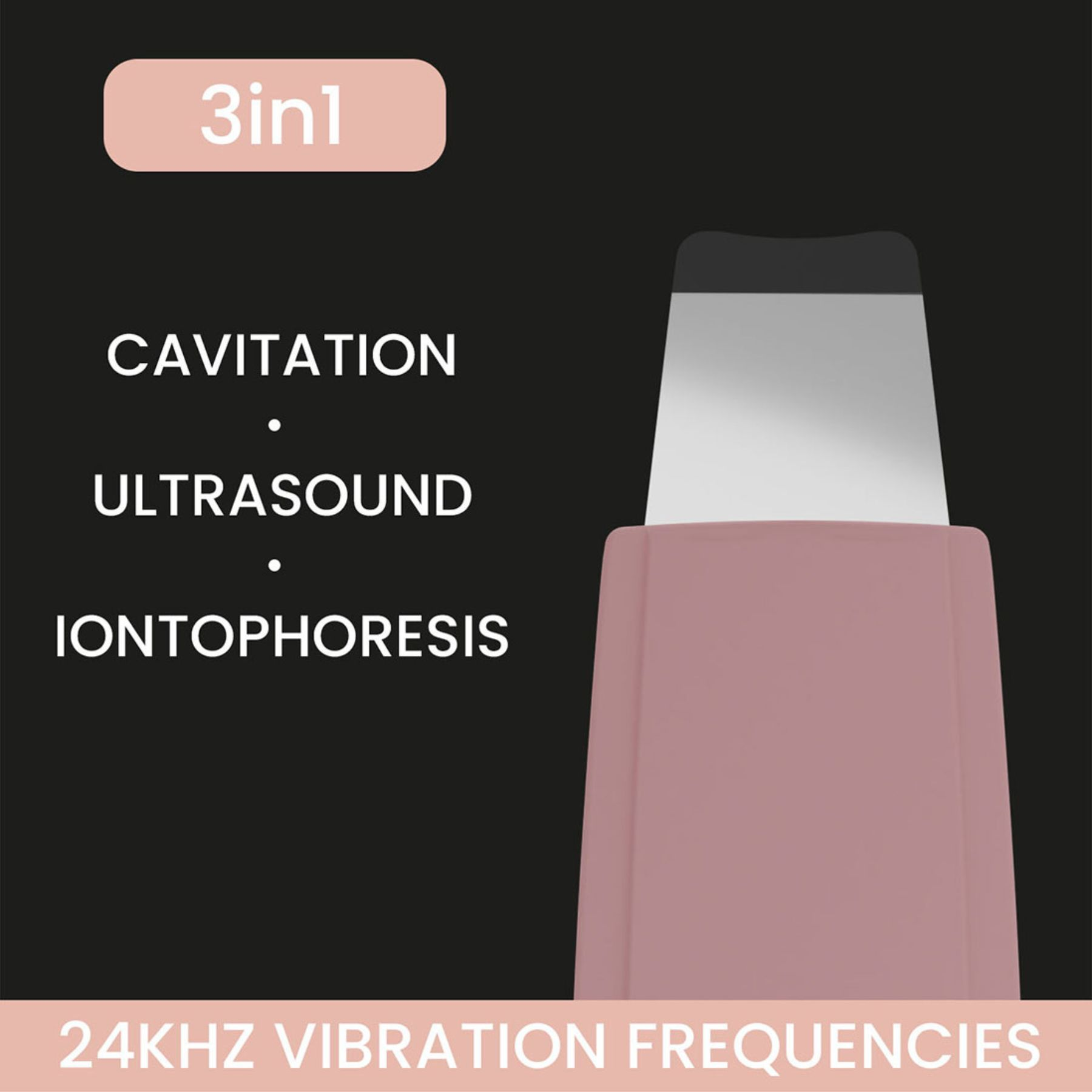 Obraz przedstawia różowe urządzenie z tekstem wskazującym: Kawitacja, Ultradźwięki, Jonoforeza i częstotliwości wibracji 24KHZ.