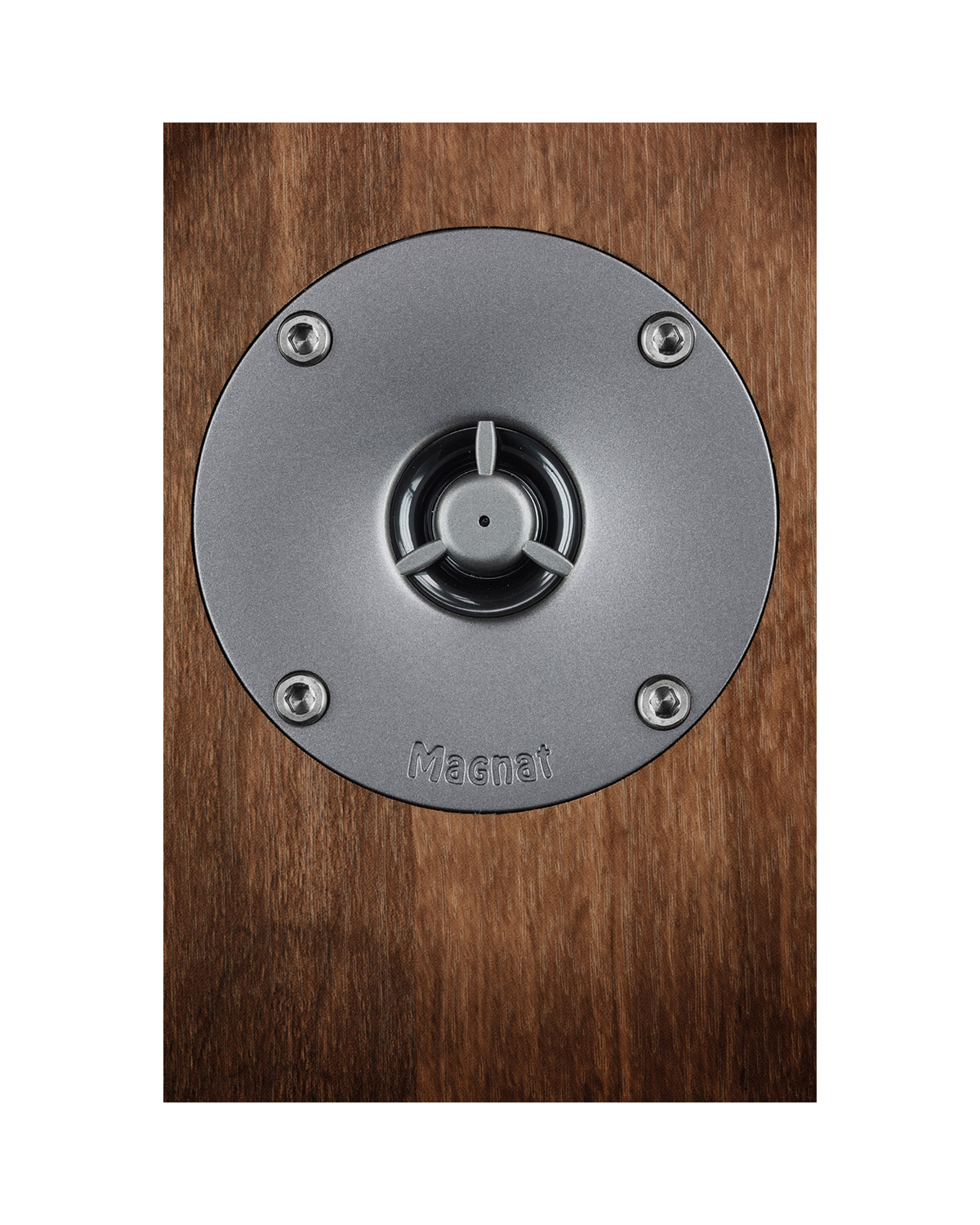 Zbliżenie elementu głośnika. Srebrny głośnik z centralnym stożkiem i czterema śrubami, na drewnianym panelu. Widoczna marka Magnat.
