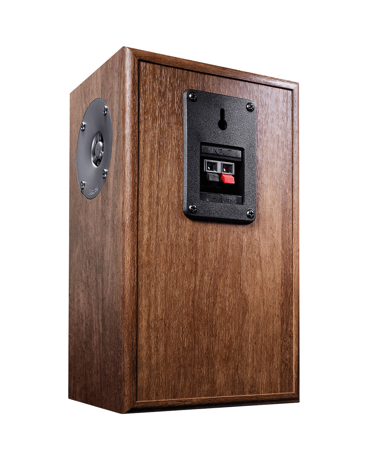 Drewniana obudowa głośnika z czarnym panelem wejściowym i srebrnymi elementami głośnika. Brązowe drewno.