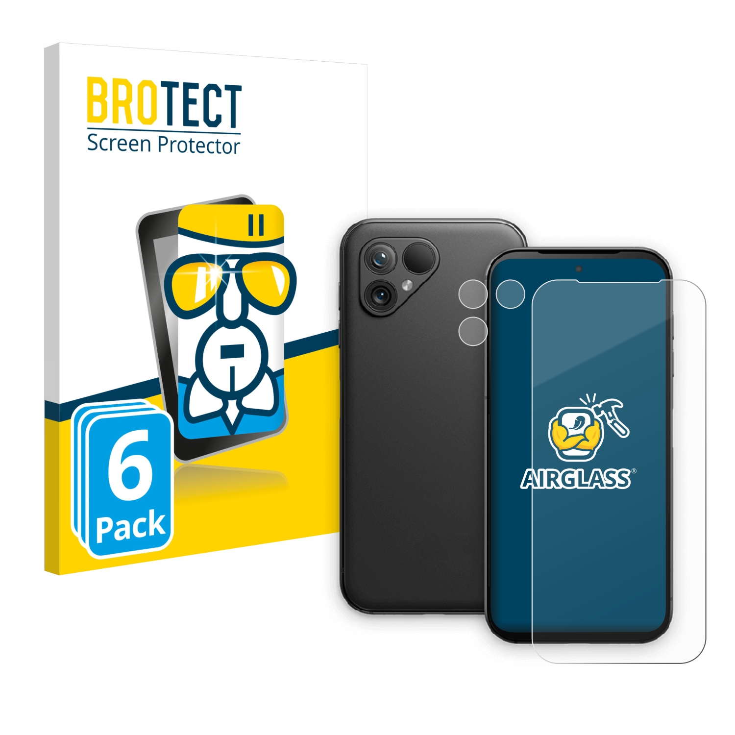 Gezeigt werden eine Displayschutzfolienbox, zwei Telefone und eine Displayschutzfolie. Auf der Box steht 'BROTECT Screen Protector' und '6 Pack'.