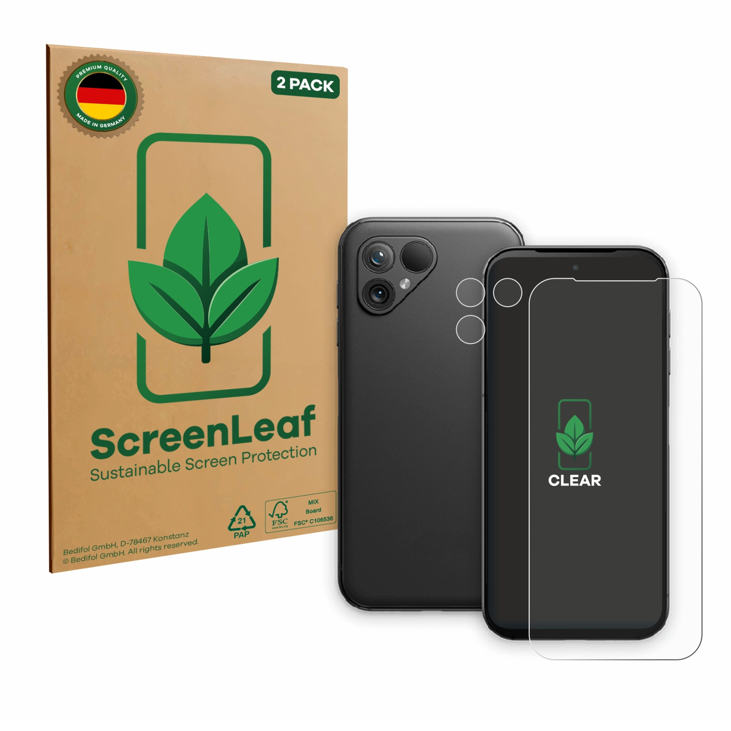 Ein Displayschutz-Set mit Telefon und Verpackung. Die Verpackung hat ein grünes Blatt-Logo und den Text 'ScreenLeaf'.