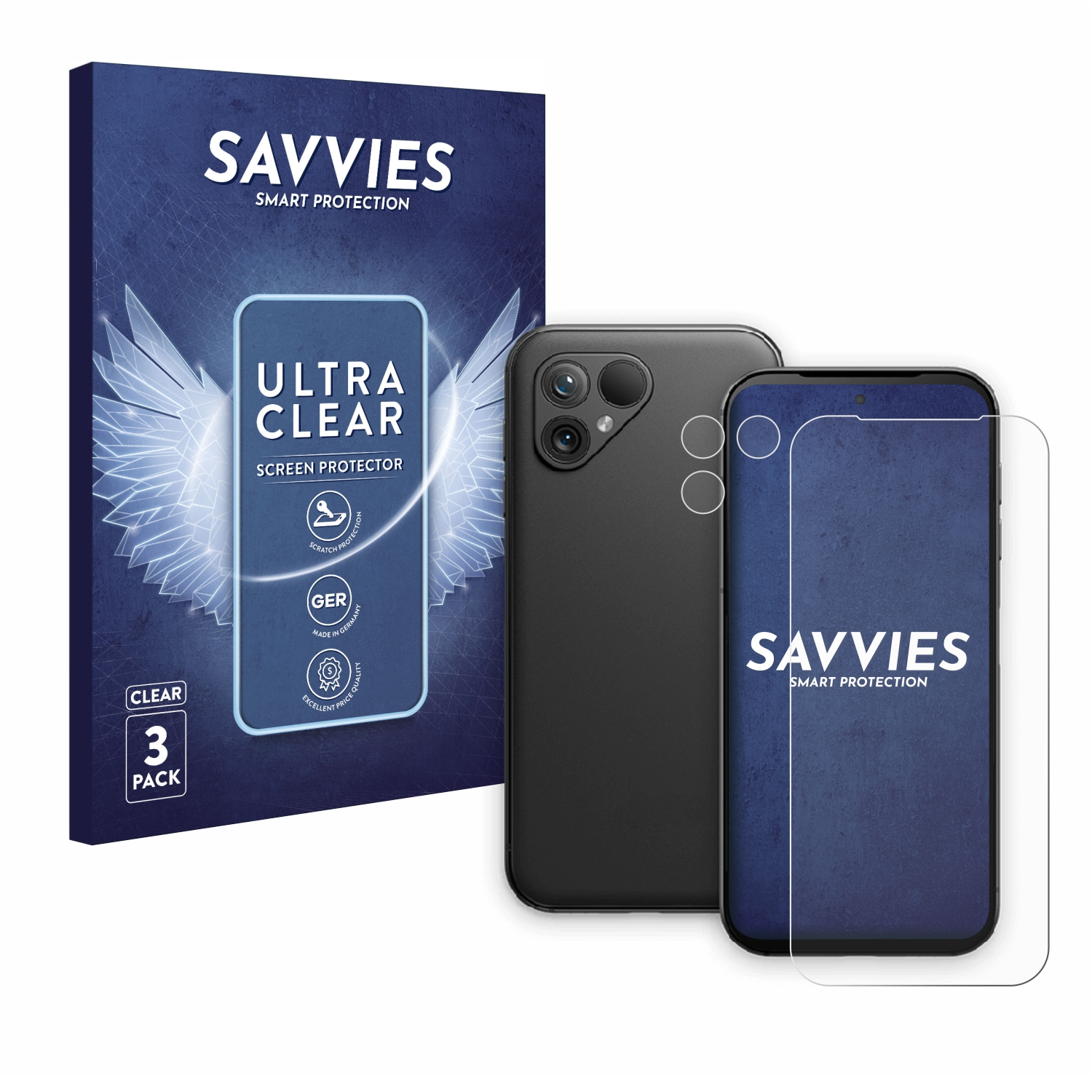 Ein Telefon, eine Displayschutzfolie und eine Verpackung. Auf der Verpackung steht 'SAVVIES' und 'ULTRA CLEAR'. Das Telefon ist schwarz, der Schutz klar.