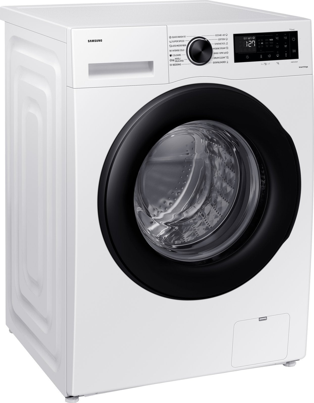 Une machine à laver Samsung blanche. Elle a une porte noire et un écran numérique affichant l'heure. Divers programmes de lavage sont répertoriés.
