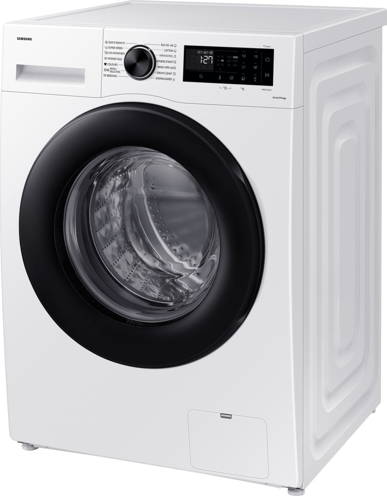 Un lave-linge Samsung blanc avec une porte noire. Il dispose d'un affichage numérique indiquant l'heure. Des boutons pour les cycles de lavage sont visibles.