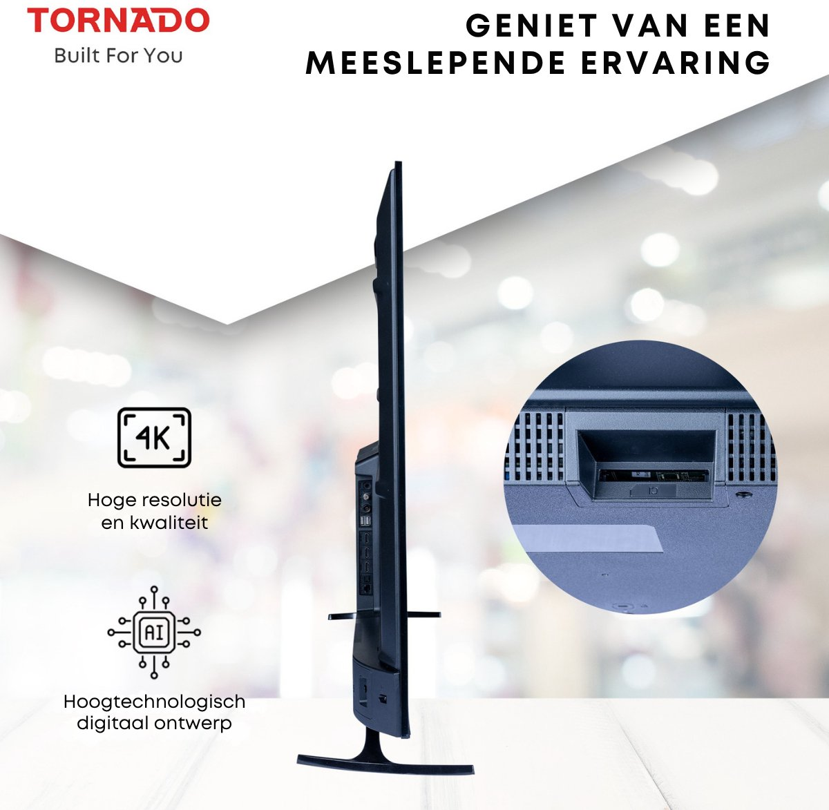 Czarny telewizor na białej powierzchni. Tekst: 'Tornado', '4K' i 'AI'. Koło pokazuje tył telewizora.