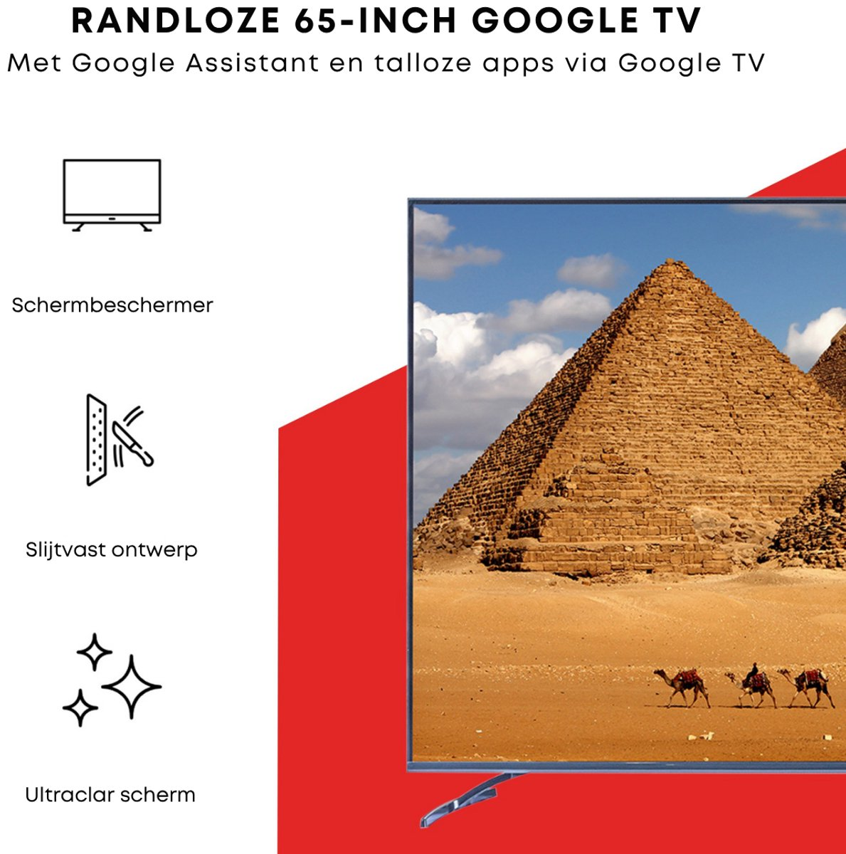 65-calowy telewizor Google wyświetla pustynny krajobraz z piramidami i wielbłądami. Telewizor ma osłonę ekranu i wyraźny obraz.