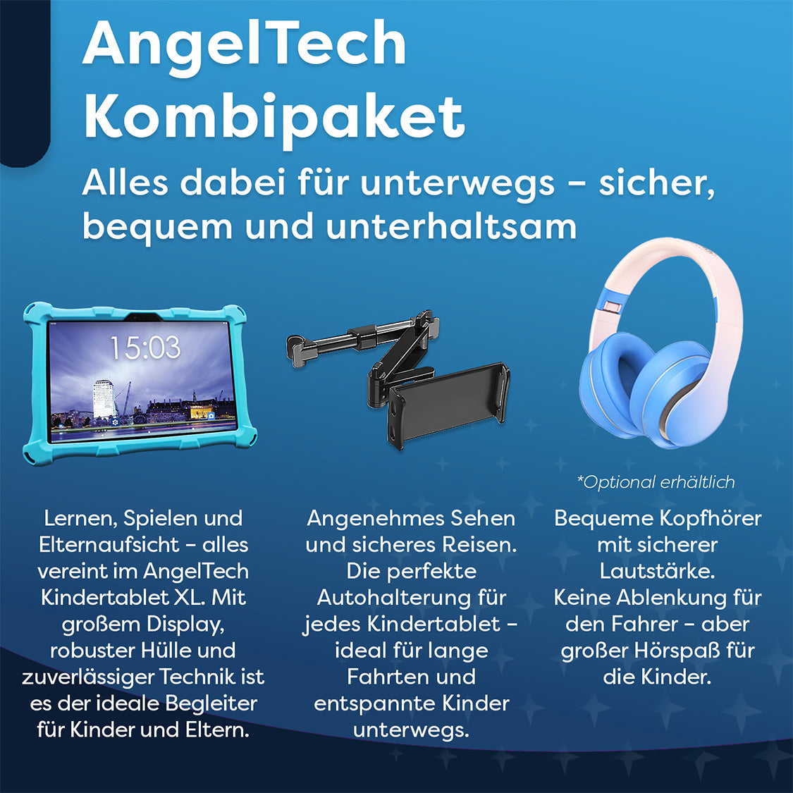 Werbung für AngelTech-Produkte. Enthält ein blaues Tablet, eine schwarze Autohalterung und blaue Kopfhörer. Text beschreibt Eigenschaften und Vorteile.