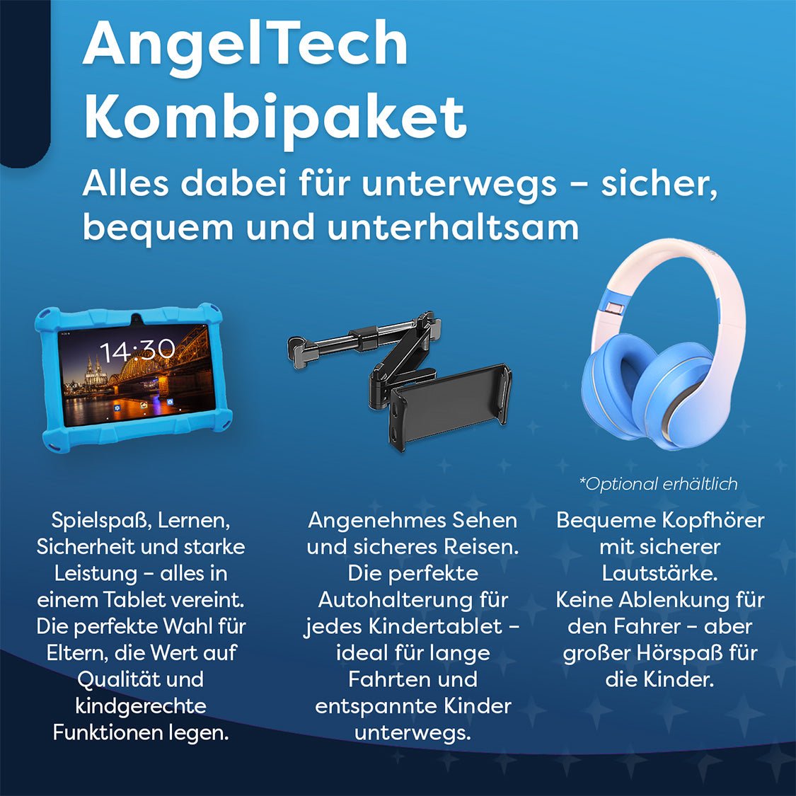 Werbung zeigt Tablet, Autohalterung und Kopfhörer. Es bewirbt ein kinderfreundliches Tablet-Bundle für Unterhaltung unterwegs.