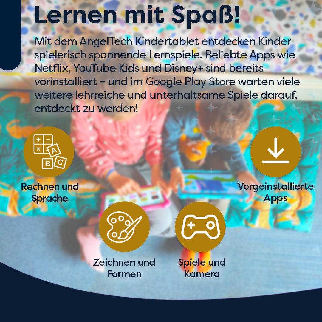 Kinder benutzen Tablets mit Apps, mit Symbolen für Mathe, Zeichnen, Spiele und vorinstallierte Apps, die Lernen und Spaß fördern.