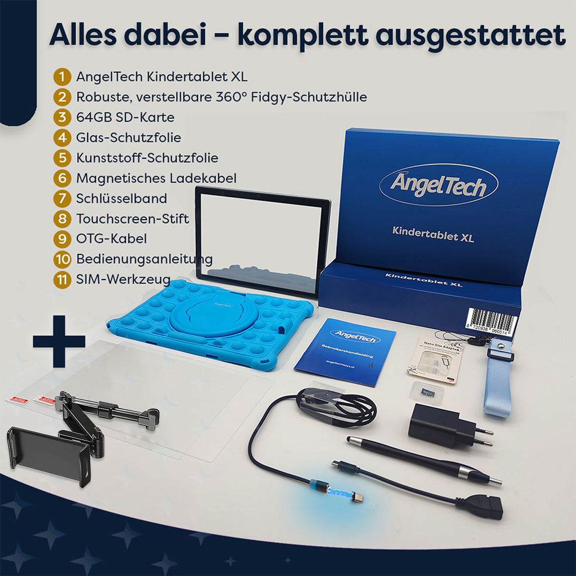 Ein blaues Tablet, Zubehör und eine Box, alles in einem Set. Enthält eine Hülle, einen Displayschutz, ein Ladegerät, einen Stift und andere Artikel.