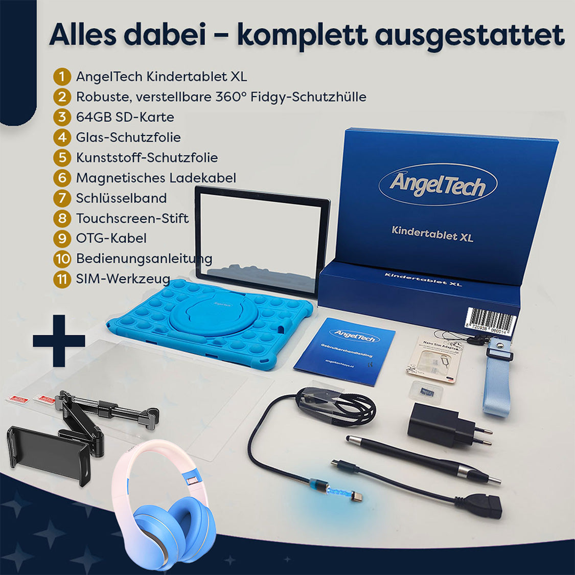 Ein Tablet-Set enthält ein Tablet, eine Schutzhülle, eine SD-Karte, Displayschutzfolien, ein Ladekabel, Kopfhörer und Zubehör.