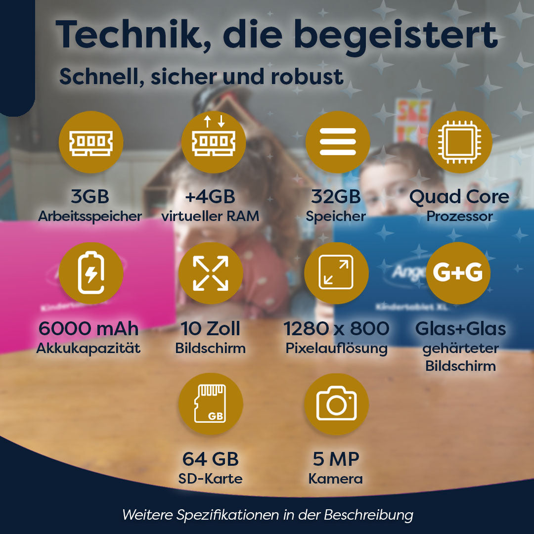 Tabletspezifikationen: 3 GB RAM, 32 GB Speicher, Quad-Core-Prozessor, 6000 mAh Akku, 10" Bildschirm, 5 MP Kamera und mehr.