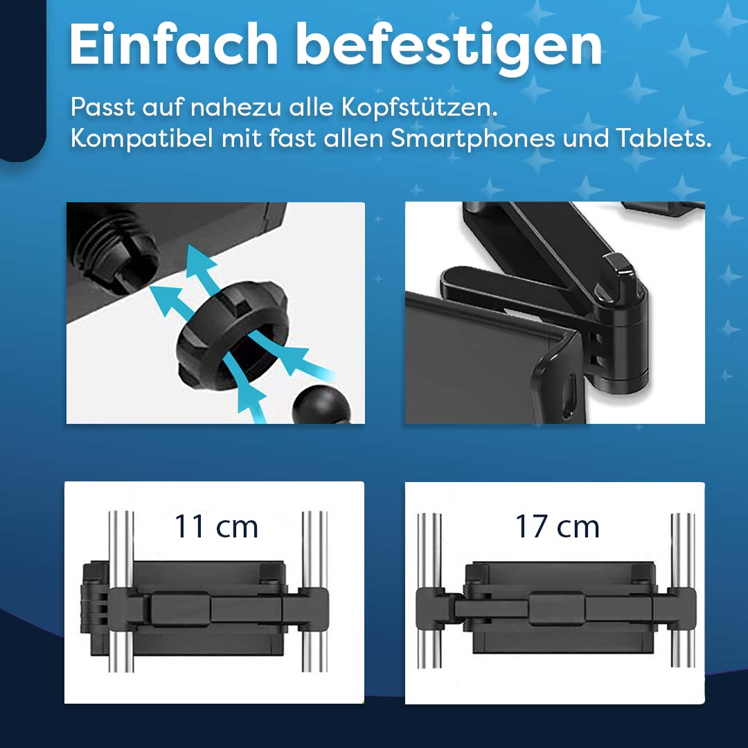 Das Bild zeigt eine Smartphone-Halterung mit Diagrammen und Text. Der Text lautet: 'Einfach zu befestigen' und 'Passt fast auf alle Kopfstützen'.