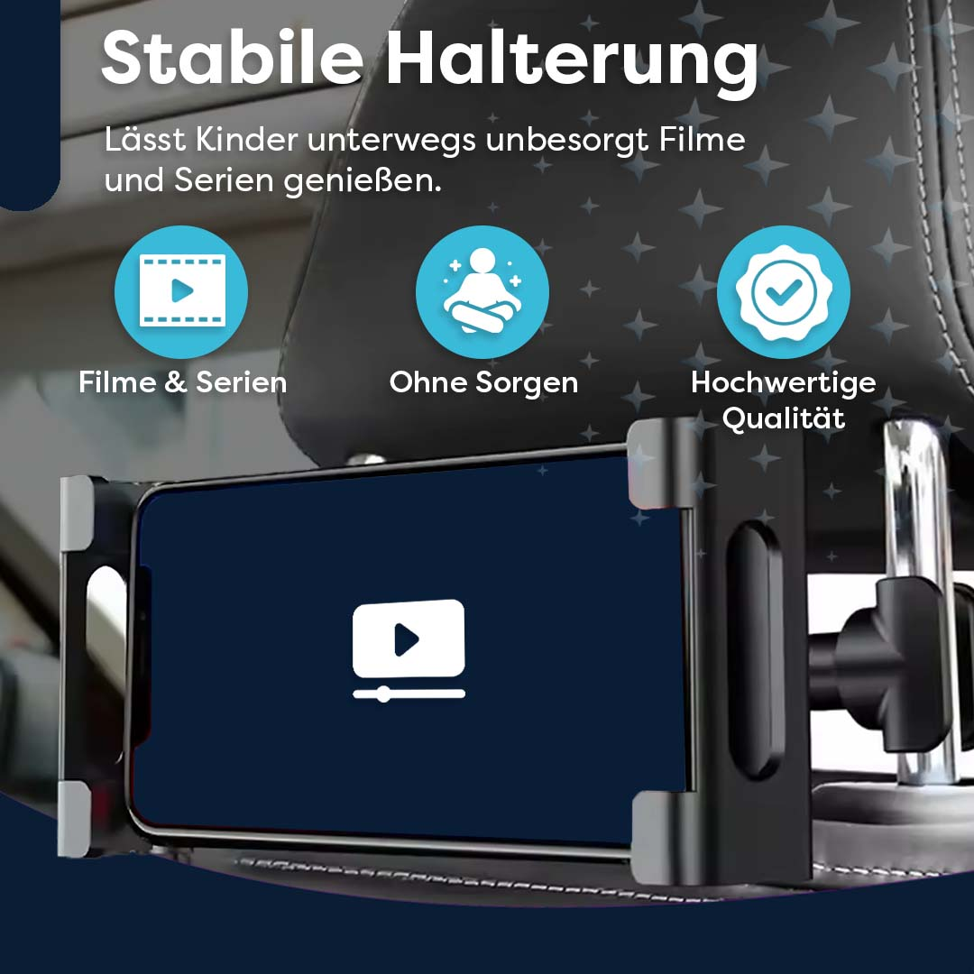 Ein Telefon in einer Autohalterung zeigt ein Video. Text: 'Stabile Halterung'. Icons repräsentieren 'Filme & Serien', 'Ohne Sorgen', 'Qualität'.