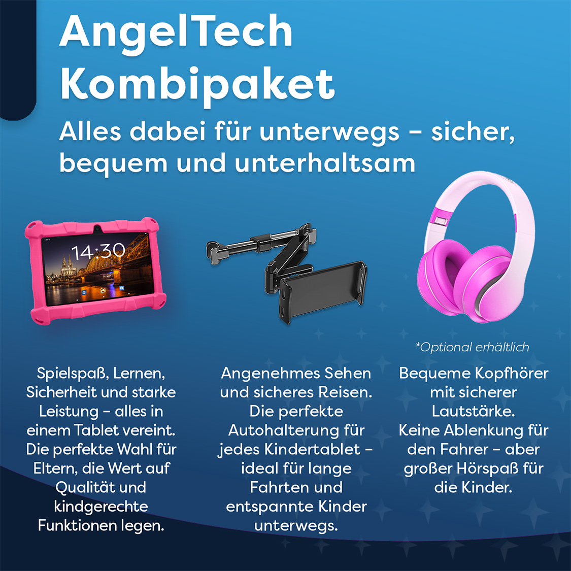 Rosa Tablet, Autohalterung und Kopfhörer auf blauem Hintergrund. Text: AngelTech Kombipaket, sicher, bequem, unterhaltsam.