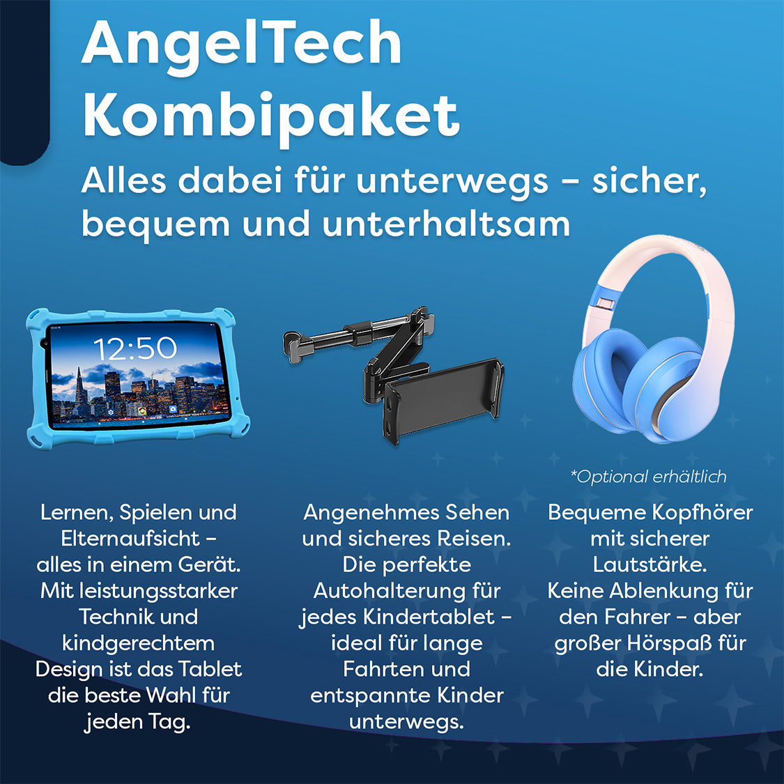 Bild zeigt Tablet, Autohalterung und Kopfhörer, beschriftet AngelTech Kombipaket. Text wirbt für sicheres, komfortables und unterhaltsames Reisen für Kinder.