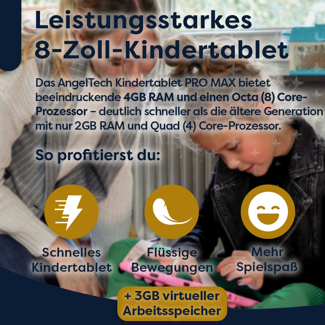 Das Bild zeigt ein Kind, das ein Tablet benutzt. Der Text wirbt für ein Kindertablet mit Funktionen wie 4 GB RAM und schnellerer Verarbeitung.