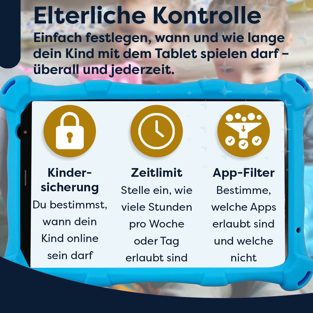 Ein Tablet mit blauem Gehäuse zeigt Kindersicherungsoptionen: Kindersicherung, Zeitlimit und App-Filter. Im Hintergrund sind Kinder zu sehen.