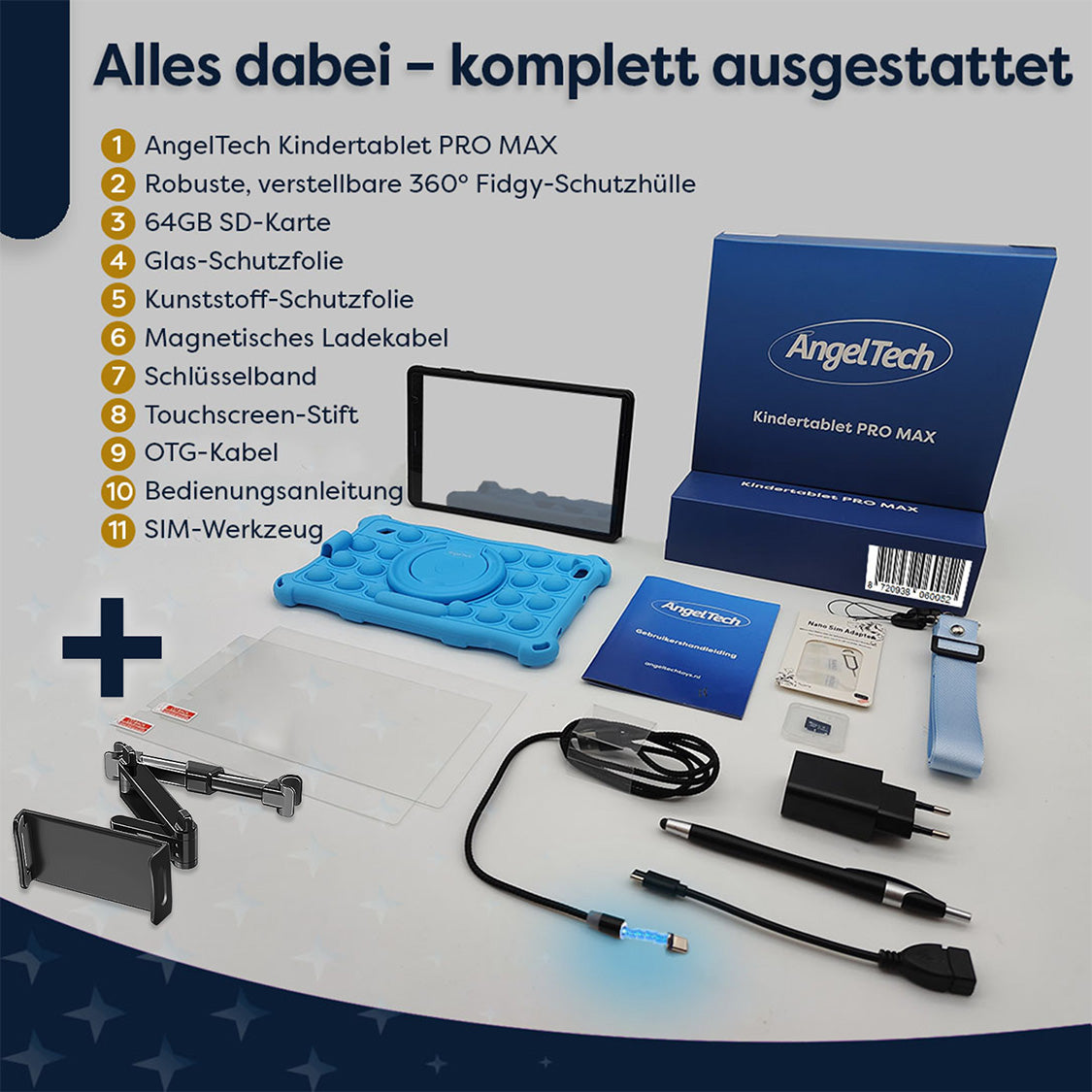Ein AngelTech Tablet-Kit, enthält Tablet, Hülle, SD-Karte, Displayschutzfolien, Ladekabel, Stift, OTG-Kabel und Zubehör.