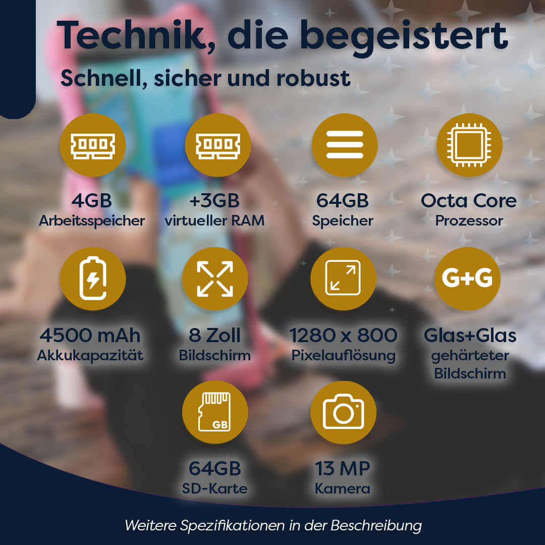 Werbung für ein Smartphone mit Spezifikationen: 4 GB RAM, +3 GB RAM, 64 GB Speicher, Octa-Core-Prozessor, 4500 mAh Akku, 8-Zoll-Bildschirm.