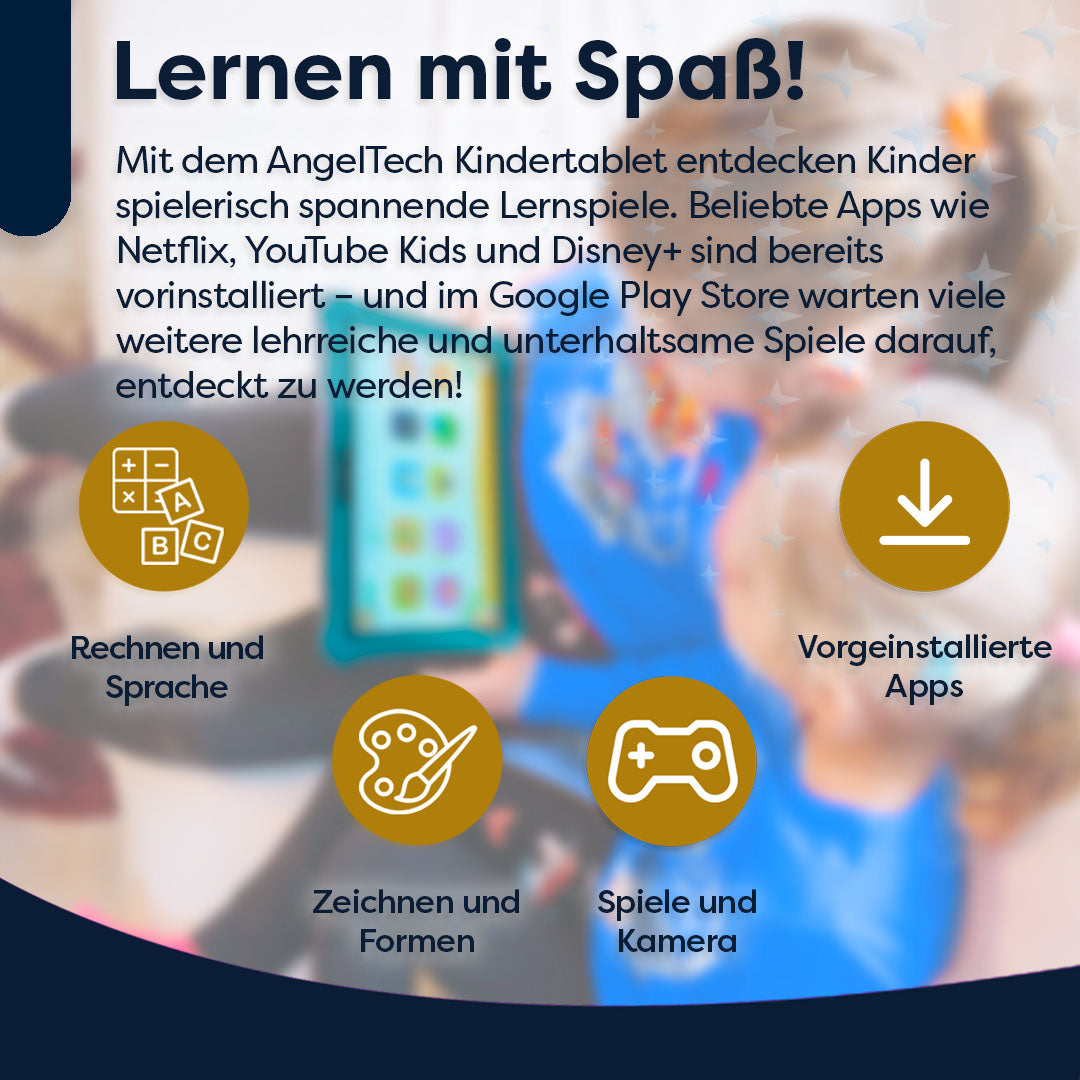 Das Bild zeigt ein Tablet mit Lern-Apps. Symbole für Mathe, Zeichnen, Spiele und vorinstallierte Apps werden angezeigt.