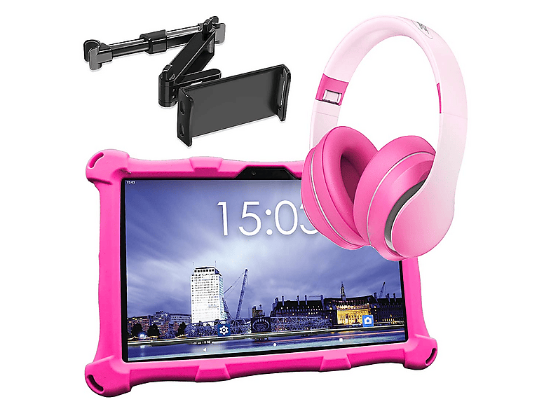 ANGELTECH XL mit Kopfhörer und Tablet-Halterung, Kinder Tablet, 96 GB, 10 Zoll, Rosa mit Kopfhörer und Tablet-Halterung