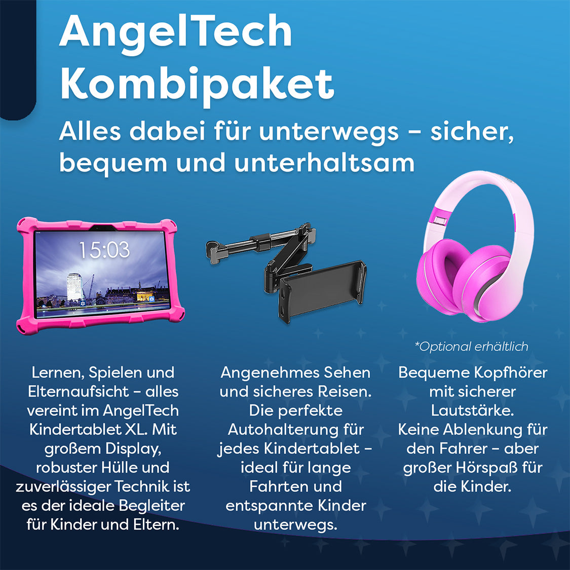 Ein pinkfarbenes Tablet, eine schwarze Autohalterung und pinkfarbene Kopfhörer werden angezeigt. Text sagt 'AngelTech Kombipaket' und beschreibt die Artikel.
