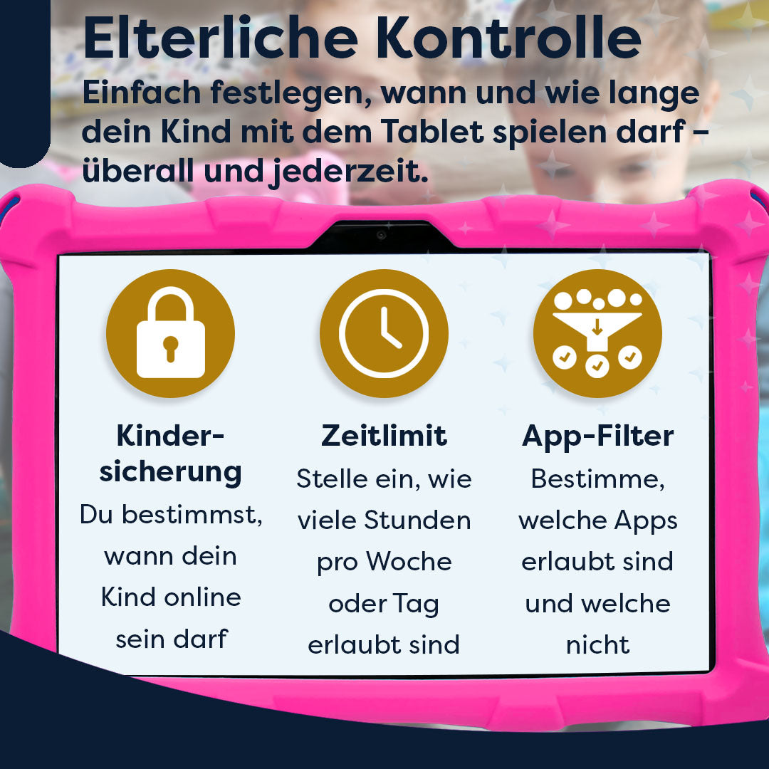Rosa Tablet mit Kindersicherungsoptionen: Kindersicherung, Zeitlimit und App-Filter. Text auf Deutsch.