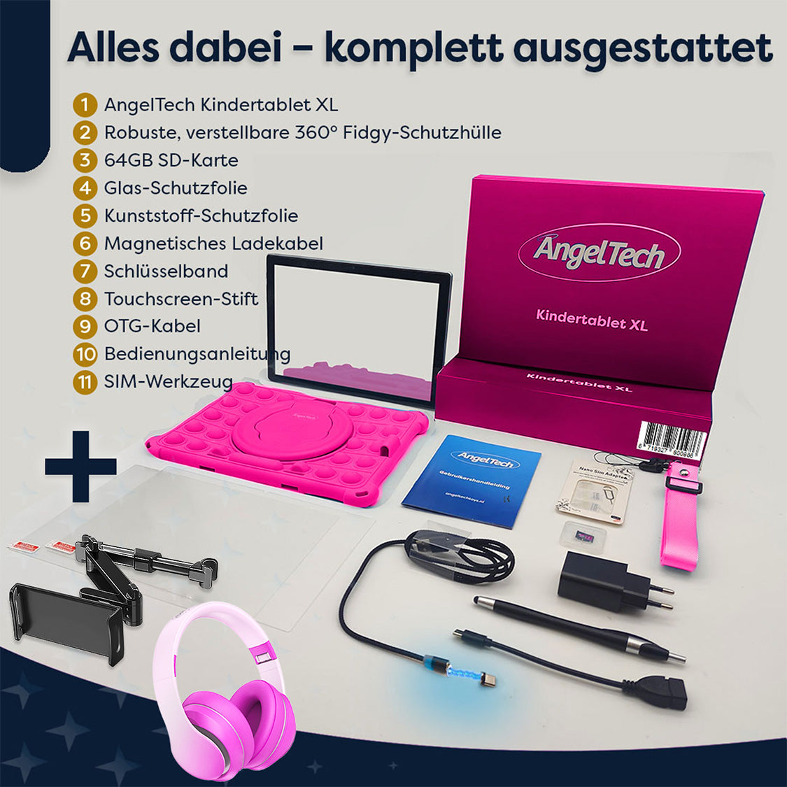 Ein rosa Tablet, Hülle, Kopfhörer und Zubehör sind ausgebreitet. Auf einer Box steht 'AngelTech Kindertablet XL'.