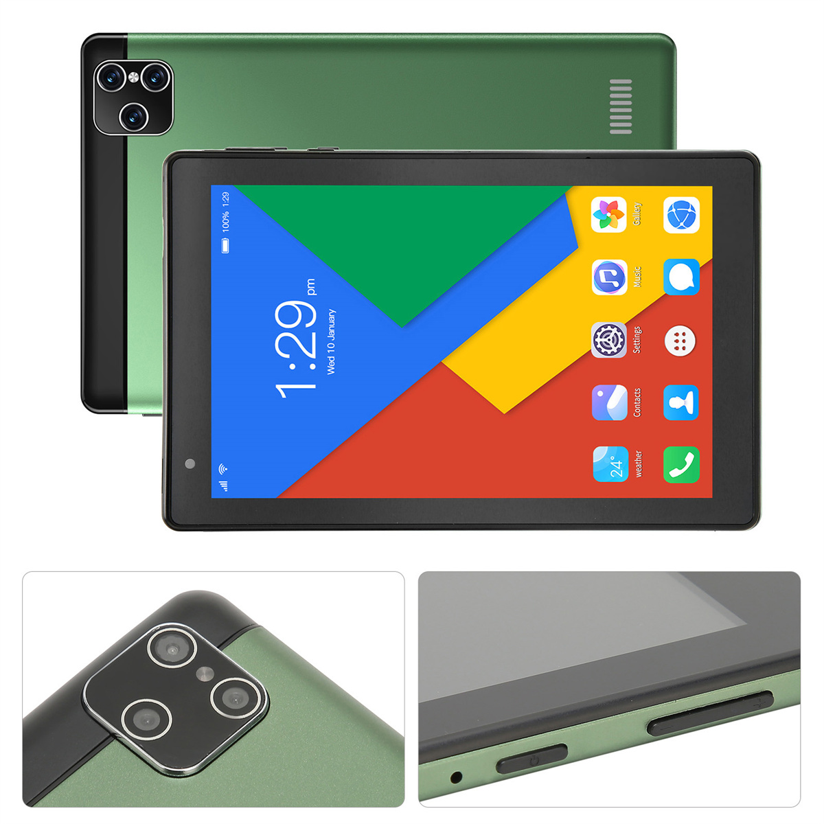 Grünes Tablet mit Bildschirm, der die Uhrzeit 1:29 und App-Symbole anzeigt. Die Rückseite zeigt Kamera und Lautsprecher.