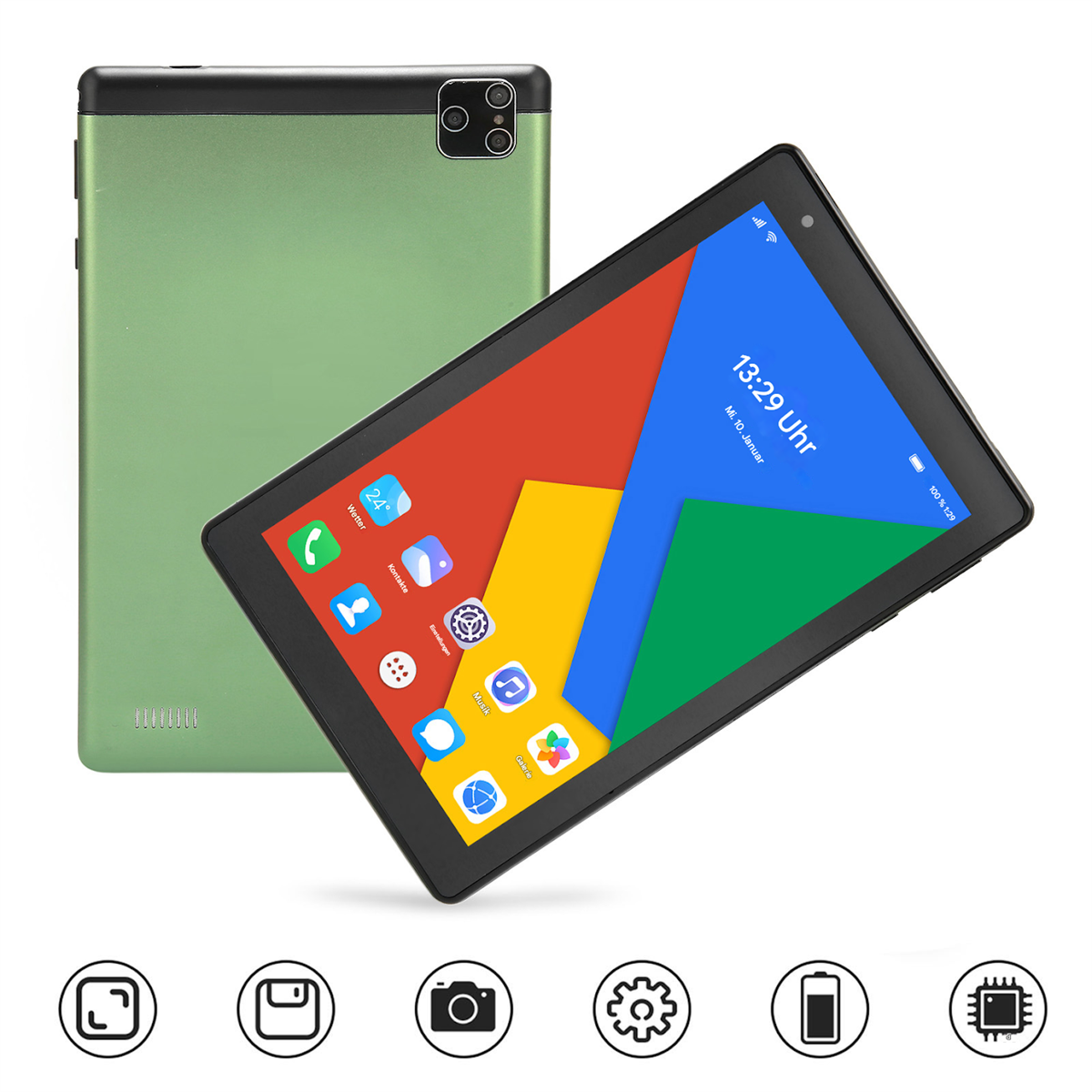 Zwei Tablets, eines grün, eines schwarz mit farbenfrohem Bildschirm, der Zeit und Symbole anzeigt. Das hintere Tablet hat eine Kamera.