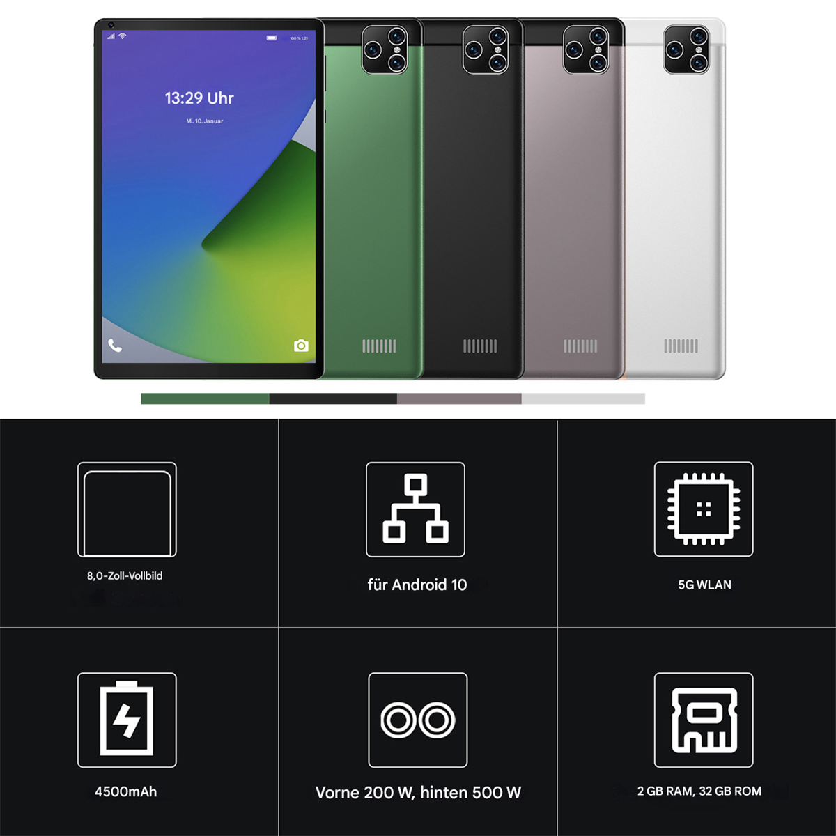 Tablets in verschiedenen Farben werden angezeigt. Jedes hat einen Bildschirm, der Zeit und Datum anzeigt. Symbole darunter zeigen Android, WLAN, RAM und Akku.