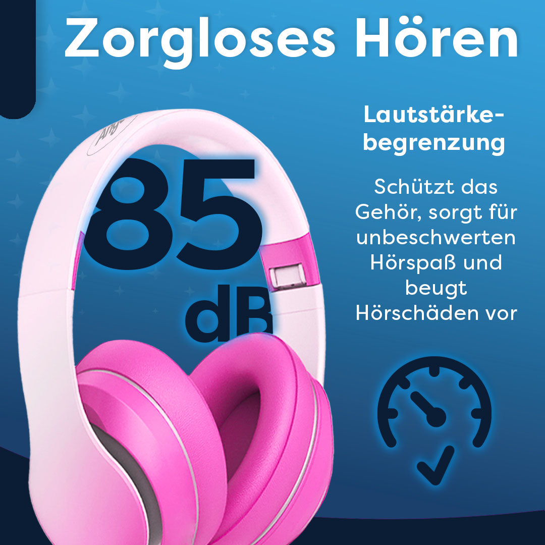 Rosa Kopfhörer mit weißem Band. Text sagt 'Zorgloses Hören' und '85 dB'. Enthält Informationen zur Lautstärkebegrenzung und zum Gehörschutz.