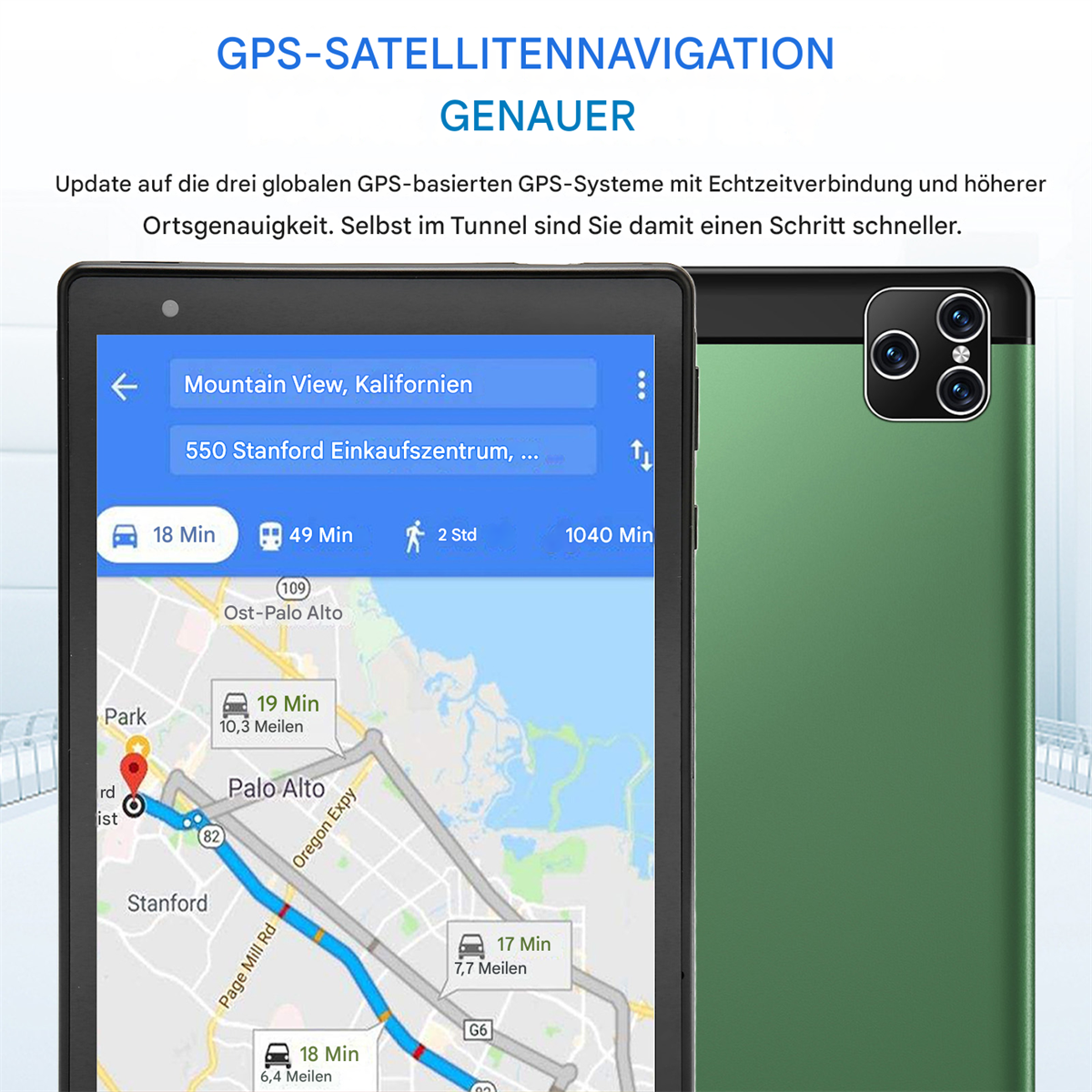 Tablet mit GPS-Navigationskarte mit Route. Grüne Handyhülle im Hintergrund. Oben steht GPS-Navigation.