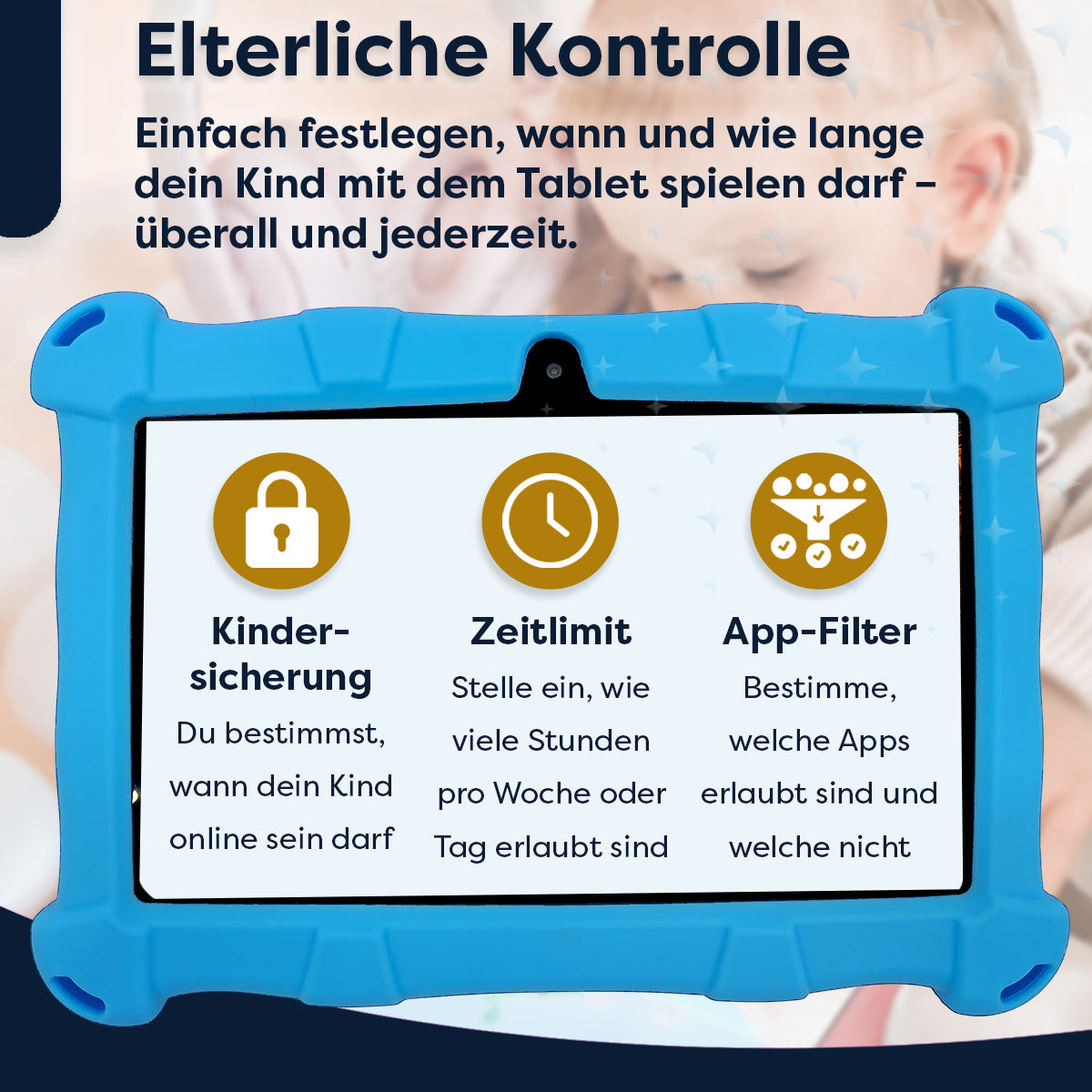 Blauer Tablet-Hülle mit Bildschirm, der Kindersicherungsoptionen anzeigt. Funktionen umfassen Kindersicherung, Zeitlimit und App-Filter.
