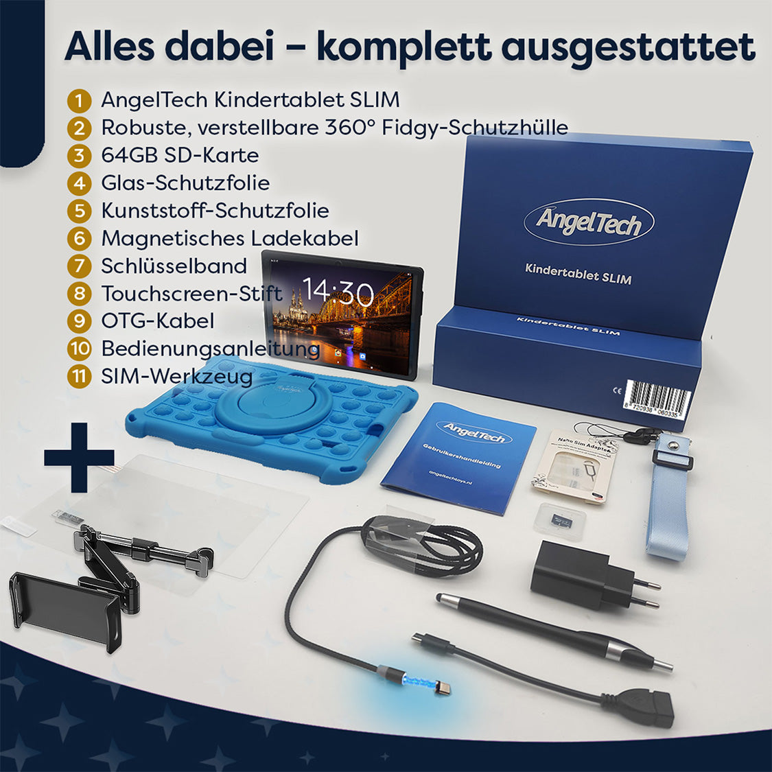 Tablet und Zubehör: Hülle, Ladegerät, Displayschutz, Stift, SD-Karte, Kabel und Bedienungsanleitung. Das Tablet zeigt 14:30.