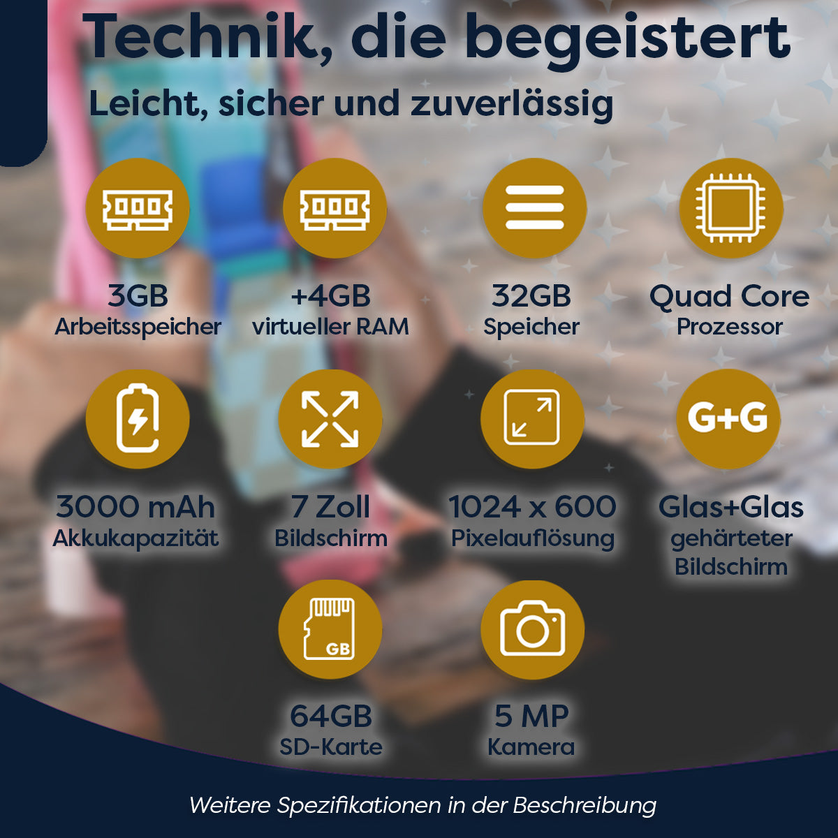 Werbung für ein Tablet mit Spezifikationen wie RAM, Speicher, Prozessor, Display und Kamera. Text auf Deutsch.