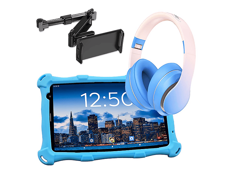 ANGELTECH PRO MAX  mit Kopfhörer und Tablet-Halterung, Kinder Tablet, 128 GB, 8 Zoll, Blau mit Kopfhörer und Tablet-Halterung