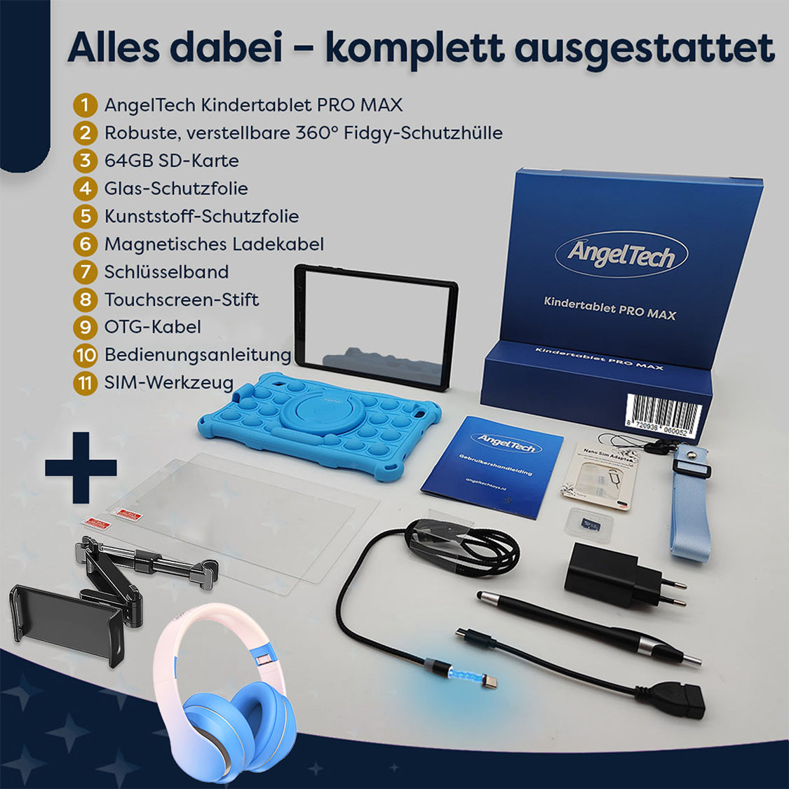 Ein Tablet-Kit mit Tablet, Hülle, SD-Karte, Displayschutzfolien, Ladekabel, Kopfhörern und Zubehör.