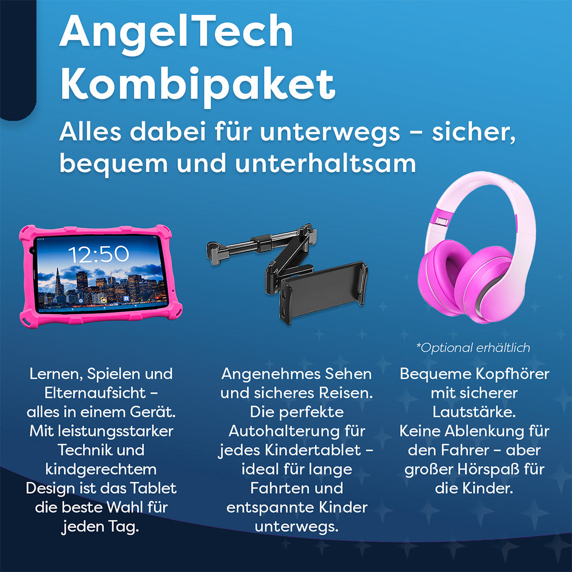 Das Bild zeigt ein rosa Tablet, einen schwarzen Halter und rosa Kopfhörer. Der Text wirbt für ein Kinder-Tablet-Combo für Sicherheit und Unterhaltung.