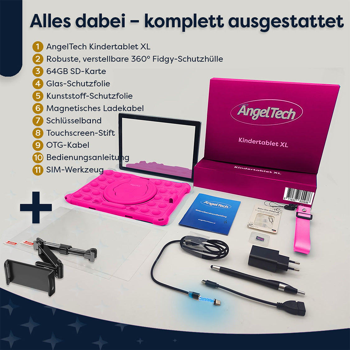 Ein rosa Tabletfutteral, eine rosa Box und diverses Zubehör wie Ladegerät, Stift und Kabel werden auf einer weißen Oberfläche angezeigt.