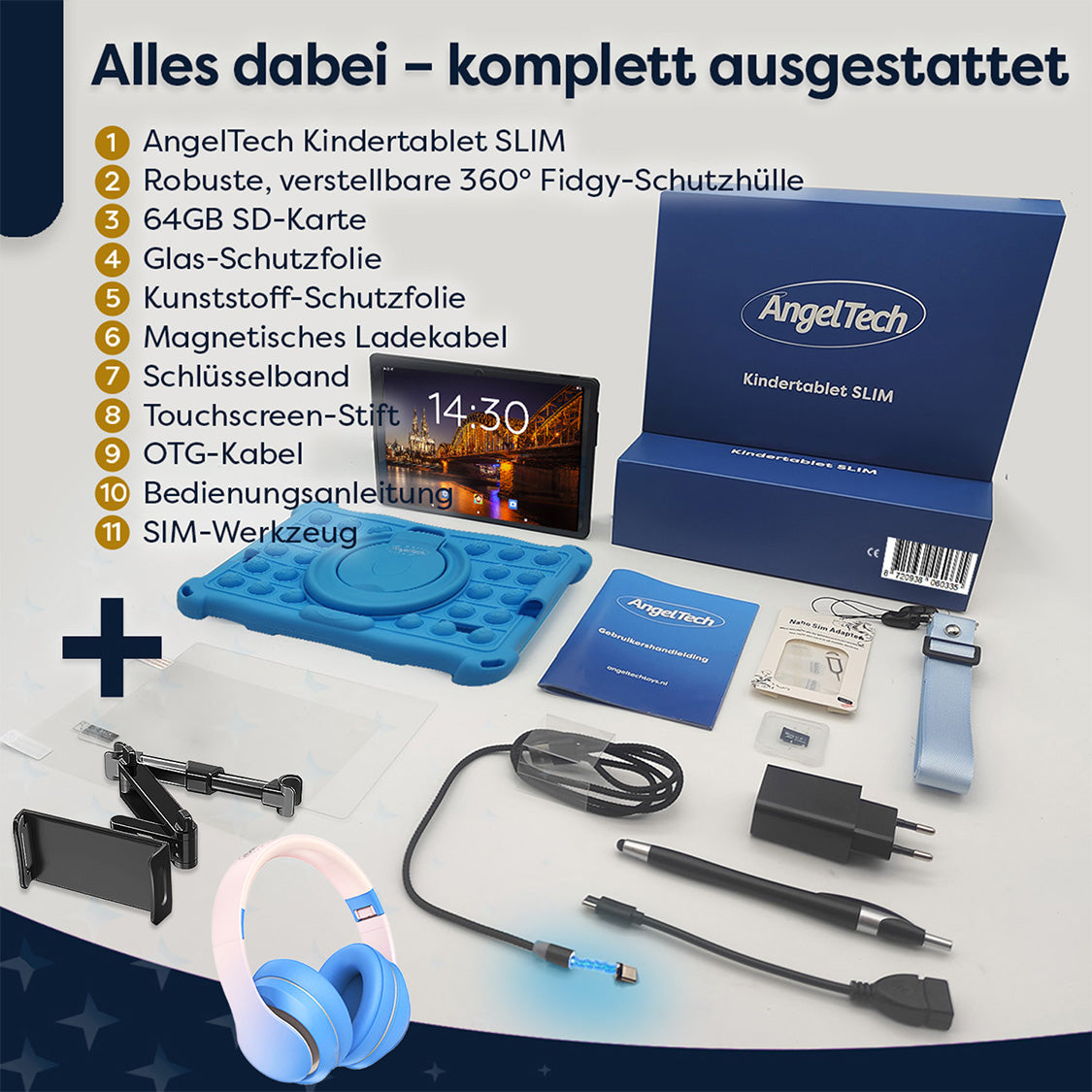 Ein Tablett-Set mit Zubehör. Enthält Tablet, Hülle, Ladegerät, Stift, Kopfhörer und mehr. Alles auf einer weißen Oberfläche.