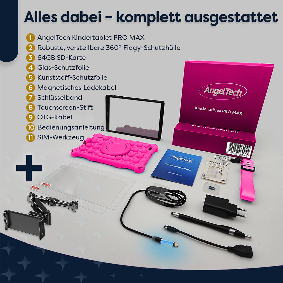 Tablet PRO MAX Paket mit Zubehör: Hülle, SD-Karte, Displayschutzfolien, Ladegerät, Stift, Handbücher und SIM-Werkzeug, alles auf einer Oberfläche.
