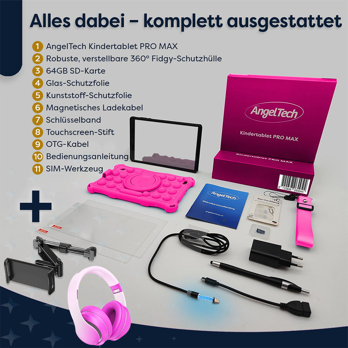 Ein Tablet-Set mit pinkfarbener Hülle, Kopfhörern und Zubehör, einschließlich Ladegerät und Stift, auf weißer Oberfläche.