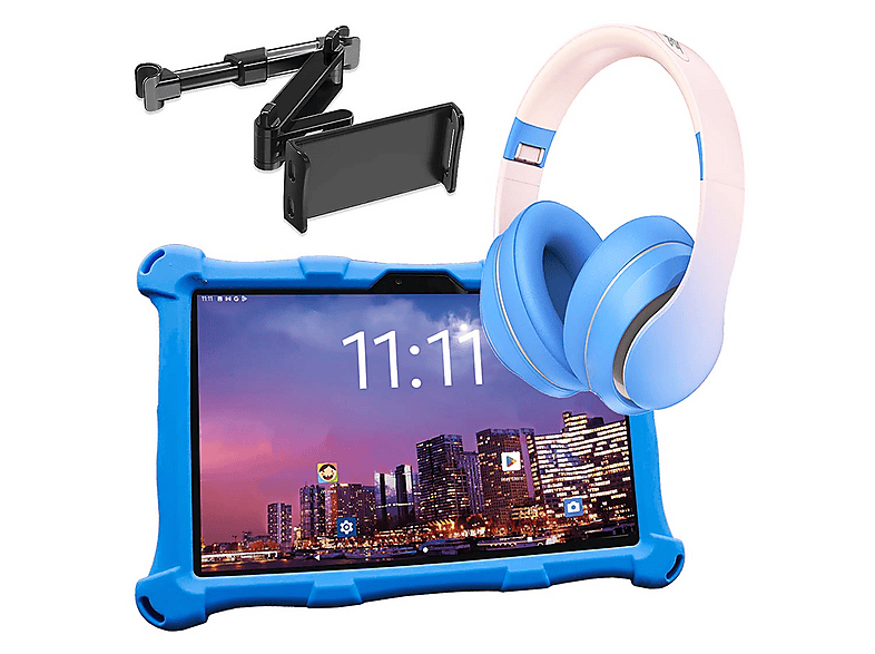 ANGELTECH XL PRO II mit Kopfhörer und Tablet-Halterung, Kinder Tablet, 192 GB, 10 Zoll, Blau mit Kopfhörer und Tablet-Halterung
