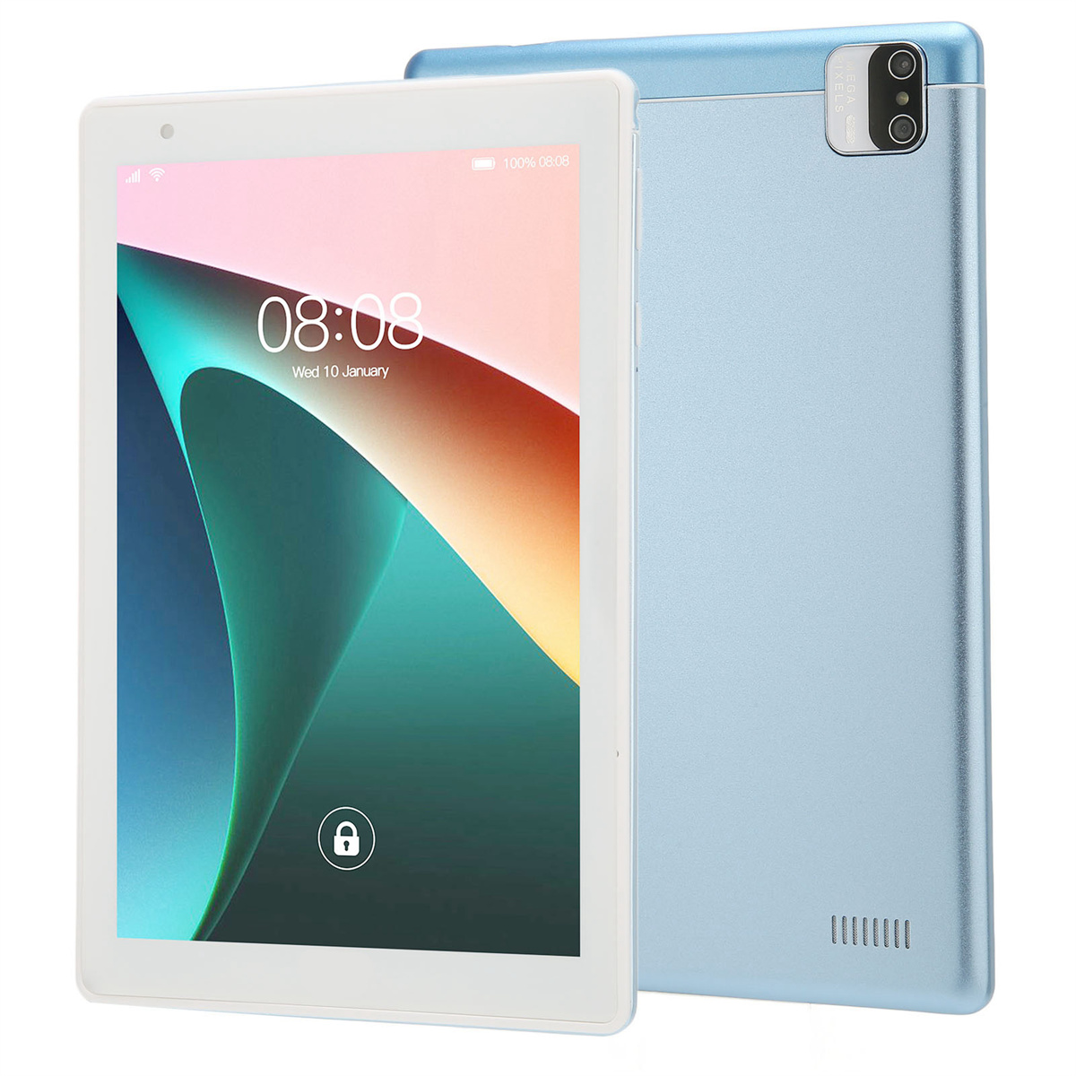 Zwei Tablets, eines mit einem Sperrbildschirm. Das andere ist hellblau. Der Bildschirm zeigt 08:08 und Mi 10. Januar.
