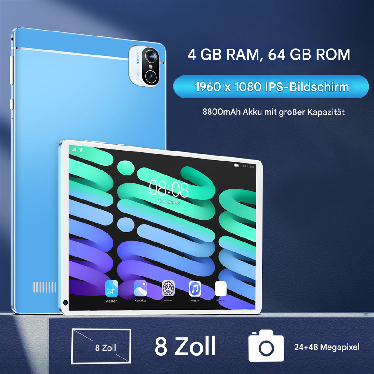 Zwei Tablets, eines zeigt Zeit und App-Symbole. Das hintere Tablet ist blau, das vordere weiß. Textdetails RAM, Bildschirm und Akku.