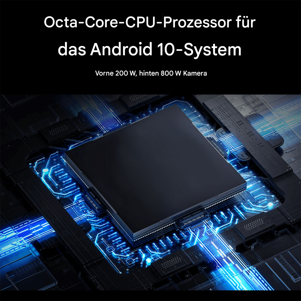 Nahaufnahme eines schwarzen CPU-Chips auf einer Leiterplatte mit blauen Lichtakzenten, der Text 'Octa-Core-CPU'.