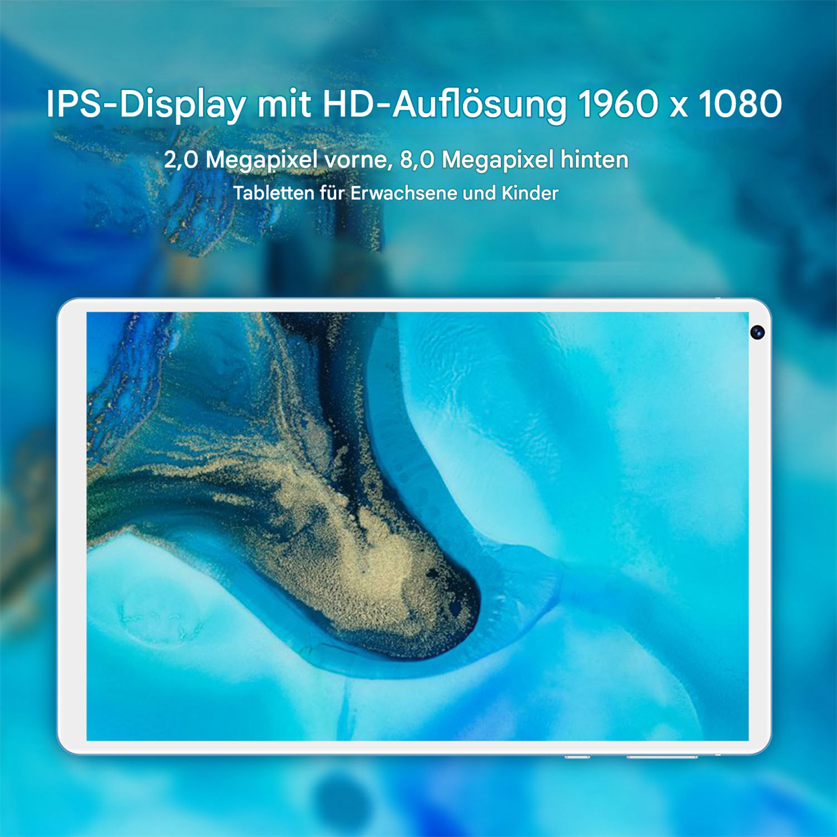 Weißes Tablet mit blauem, abstraktem Hintergrund. Oben steht IPS-Display, 2,0 MP Frontkamera, 8,0 MP Rückkamera, Tablets für Erwachsene und Kinder.